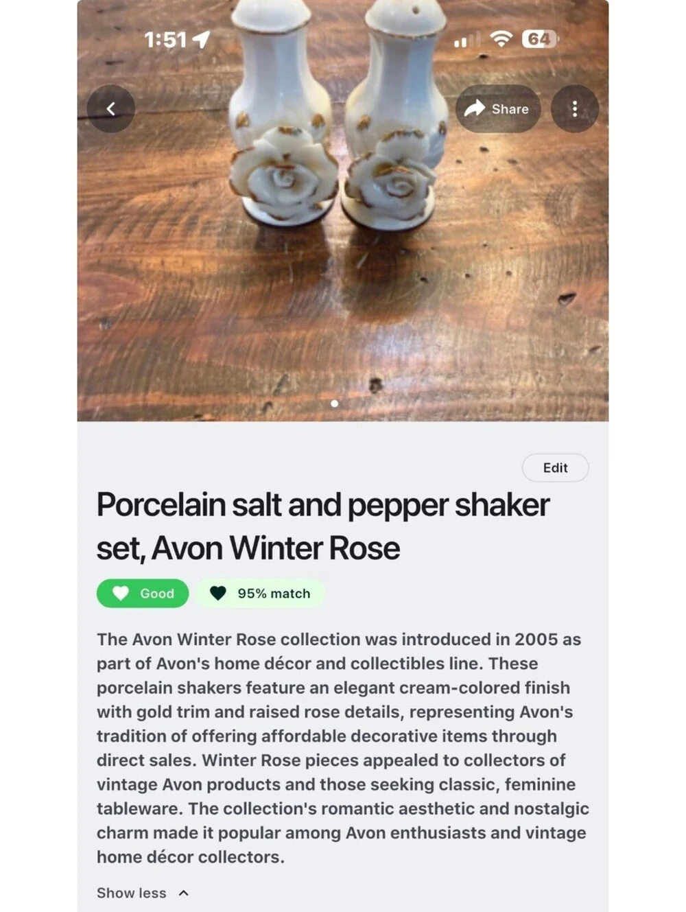 Avon Winter Rose Porcelain Salt and Pepper Shaker Set